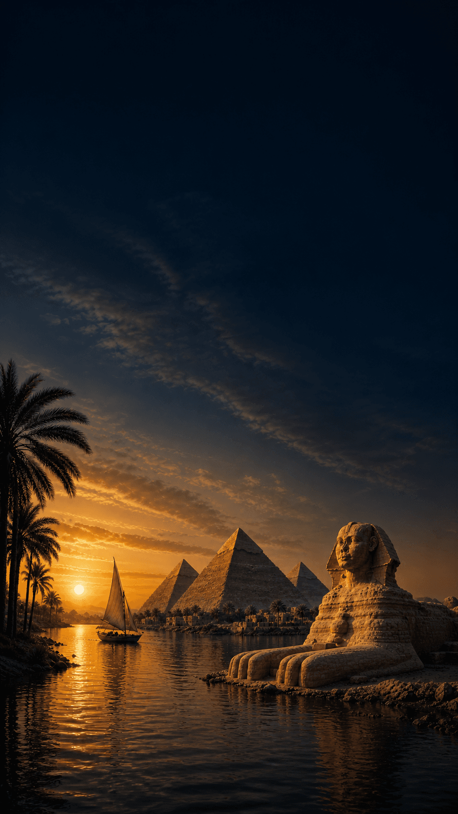Sphinx, Pyramiden und eine Feluke am Nil im Abendlicht
