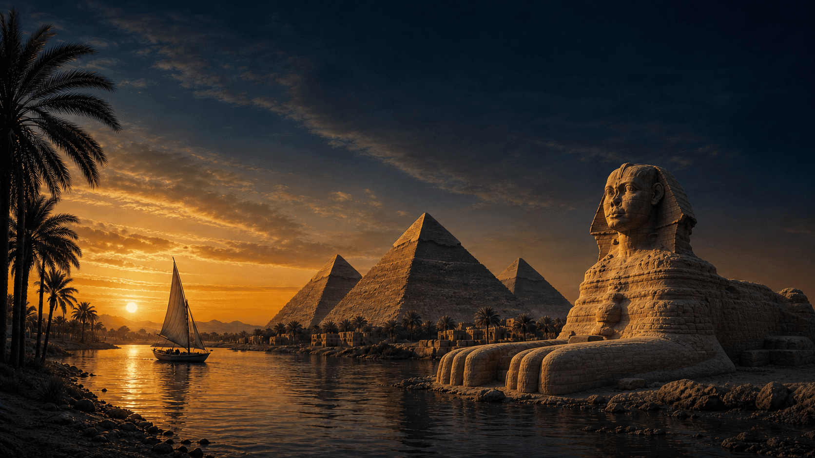 Sphinx, Pyramiden und eine Feluke am Nil im Abendlicht